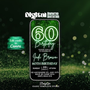 Green 60th Birthday Evite, Editable Video Invitation Template, Green Glitter Phone Text evite, Digital Party Card, 60th Celebration Invite