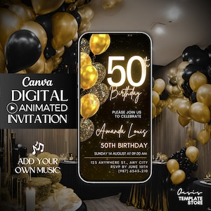 Digital Fifty 50th Birthday video Invitation, 50th animated invite, 50th editable invitation party, Gold Balloons Glitter Invitation