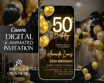 Gold 50th Birthday Video Invitation, Animated Canva Template, Editable party invitation, 50th gold birthday party