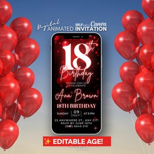 Invito video per il 18° compleanno, invito con glitter rosso, invito telefonico, invito digitale per il 18° compleanno, invito con modello animato immagine 1