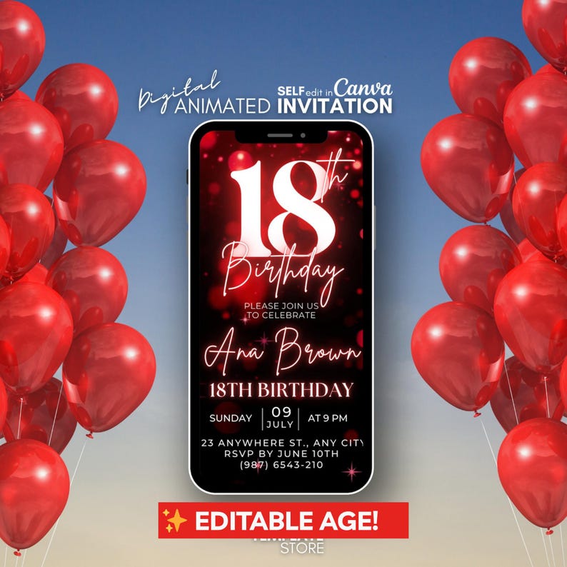 Invito video per il 18° compleanno, invito con glitter rosso, invito telefonico, invito digitale per il 18° compleanno, invito con modello animato immagine 1