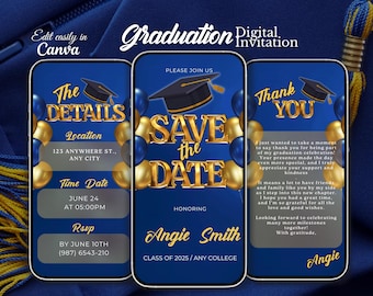 Invito alla laurea Save the Date, invito alla laurea moderno blu e oro, annuncio di laurea digitale, invito alla festa di laurea
