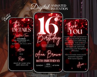 Sixteen 16th Birthday video invitation, Red glitter invitation, Phone invitation, 16th Digital invitation, 16th animated template invite