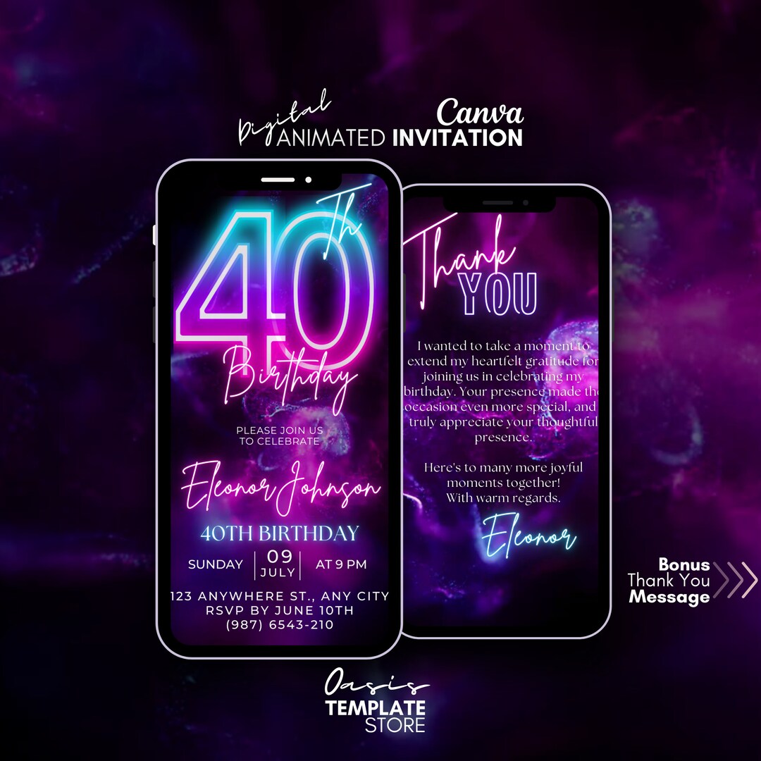Forty 40th Digital Birthday Invitation, Neon Pink Forty Video ...