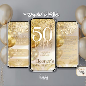 50th Birthday video Invitation, 50th Gold Glitter Digital Invitation, message text evite, canva template invitation, 50th video invitation