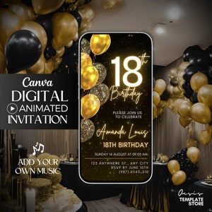 Digital 18th Birthday video Invitation, animated invite, 18th editable invitation party, Gold Balloons Glitter Invitation, eighteen evite
