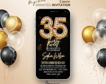 Editable 35th Birthday Video Invitation, Luxury Gold and Black Theme, Instant Download Canva Template, Thirty Five Years Celebration for Her