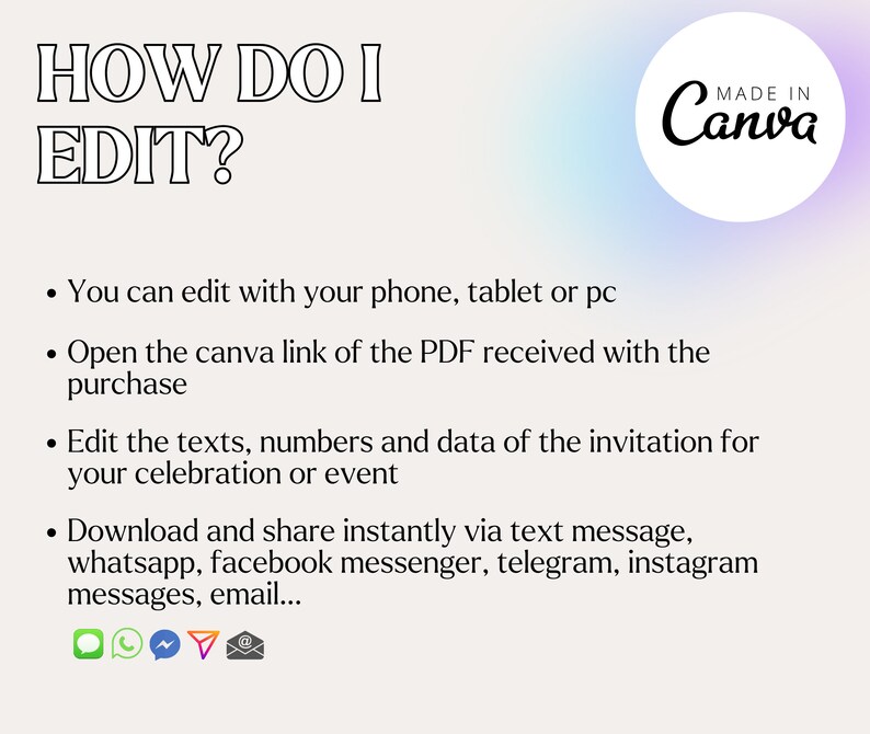 K&ouml;nnte beinhalten: Eine digitale Grafik mit dem Text "HOW DO I EDIT?" und Anweisungen zur Bearbeitung einer Canva-Vorlage. Die Anweisungen umfassen die Bearbeitung auf einem Telefon, Tablet oder PC, das &Ouml;ffnen eines PDF-Links und das Teilen &uuml;ber verschiedene Messaging-Apps.