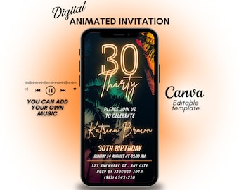 Digital Tropical invitation, 30th Birthday video invitation, editable animated invitation, mobile invite luau party | ALL TEXT is editable