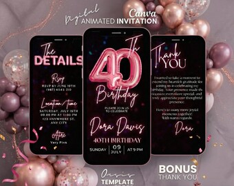 Animated 40th Birthday Invitation, Neon Pink Balloons Digital Invite for Women, Editable Canva Template, Luxury Forty Years Party Video Card