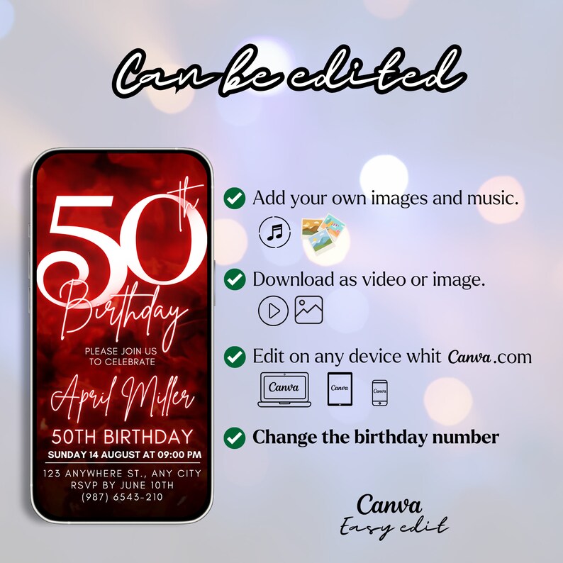 May include: A digital invitation for a 50th birthday party. The invitation features a red and white design with the number 50 and the words "Birthday" and "April Miller". The invitation also includes the date and time of the party, as well as the address and RSVP information. The invitation is designed to be easily edited using Canva.