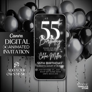 55歳の誕生日ビデオ招待状、シルバーグリッターデジタル招待状、アニメーション招待状、55歳の誕生日デジタル招待状テンプレート、55歳の誕生日パーティー招待状