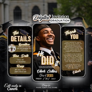 Soirée d'invitation pour l'obtention du diplôme, Invitation numérique pour diplômés, Promotion 2025, Invitation à l'obtention du diplôme universitaire, Faire-part de remise des diplômes or modifiable