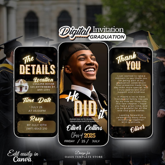 He Did it Graduation invitation party, Digital grad invite, Class of 2026, College graduation invite, Editable gold graduation announcement