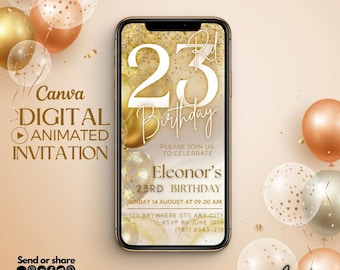 Gold Glitter 23rd Birthday Invite, Animated Canva Template, Editable Digital Birthday Invitation, Instant Download
