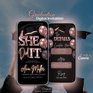 Pink She did it Graduation Invitation, Editable Digital Grad Party Invite, Pink Modern College Invitate, editable grad announcement template