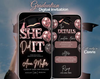 Pink She did it Graduation Invitation, Editable Digital Grad Party Invite, Pink Modern College Invitate, editable grad announcement template