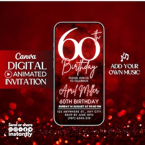 Digital 60th Birthday video Invitation, 60th Red Glitter Digital Invitation, animated invite, 60th digital invitation template, Sixty invite