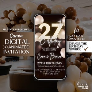 27th Birthday video Invite, Brown 27th Digital Invitation, editable 27th phone invite, 27th invitation template, Custom party evite