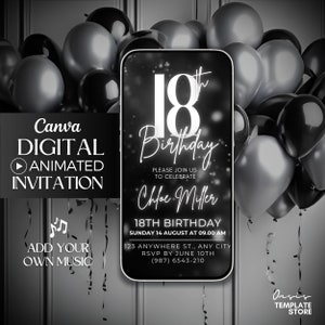 Invitation vidéo du 18e anniversaire, 18e invitation numérique à paillettes argentées, 18e invitation modifiable, 18e modèle d'invitation numérique, evite de fête