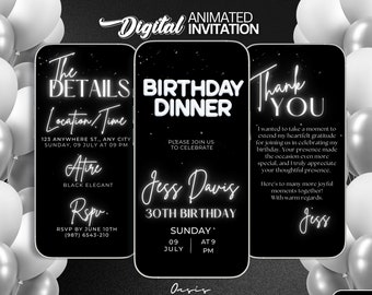 Black & White Birthday Dinner Invitation Video, Elegant Animated Party Evite, Editable Canva Template, Digital Dinner Celebration Invite