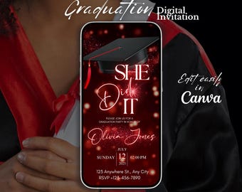 She did it Graduation Invitation, Editable Grad Party Invite, 2025 Graduation Announcement, Red Digital Graduation Template evite