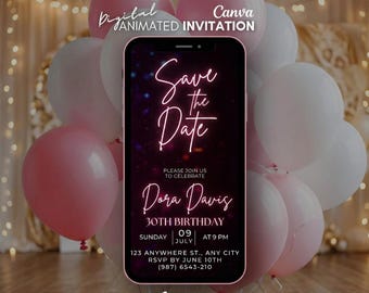 Digital save the date Birthday Invitation, Pink balloons video Invitation, Mobile animated invite editable, birthday template, Save the date