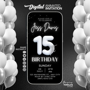 Invitation vidéo numérique pour 15e anniversaire, modèle d'invitation de ballon noir et blanc élégant, message texte, fête des quinze