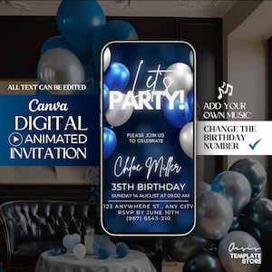 Let's Party Invitation, Niebieskie i srebrne zaproszenie na wideo na przyjęcie urodzinowe, Granatowe cyfrowe zaproszenie na przyjęcie, animowany szablon zaproszenia
