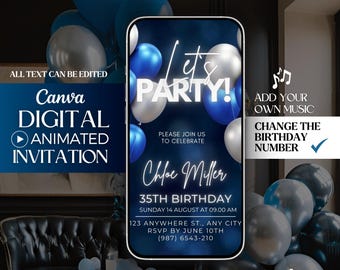Invito per una festa, invito video per una festa di compleanno blu e argento, invito digitale per una festa blu navy, modello di invito animato