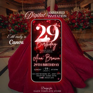Editable 29th Birthday invitation, Red glitter invite, 29th Phone invitation, Animated invitation, Editable template, Digital Canva template