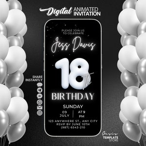18th Birthday Digital video Invitation, Elegant Black and White Balloon Invitation Template, Message text evite, Eighteen Party invitation
