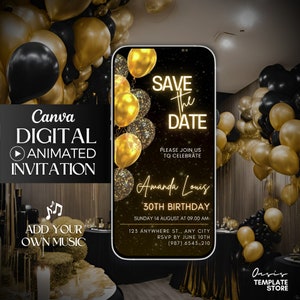 Digitale video-verjaardagsuitnodiging Save the Date, geanimeerde uitnodiging, bewerkbare Save the Date-uitnodiging, gouden ballonnen glitteruitnodiging