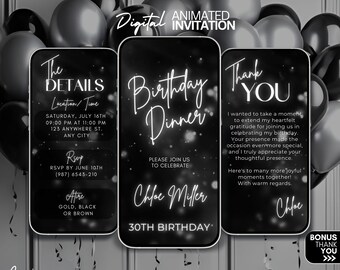 Birthday Dinner video Invitation, Silver Glitter Digital Invitation, Dinner mobile invite, digital invitation template, Dinner Party evite