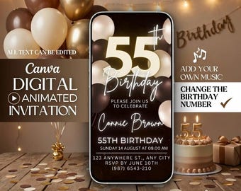 Editable 55th Birthday Video Invitation, Brown Cream Digital Evite, Animated 55th Invite Template, Text Message Party Card