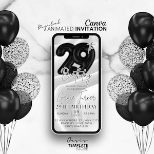 Digital 29th Birthday Invitation, Black balloons Invitation, Mobile Party invitation, 29th Editable birthday template, 29th party invitation
