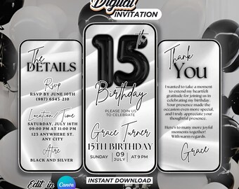 Editable 15th birthday party invitation, 15th White invitation template, 15th animated invite, Black and white canva invitation template
