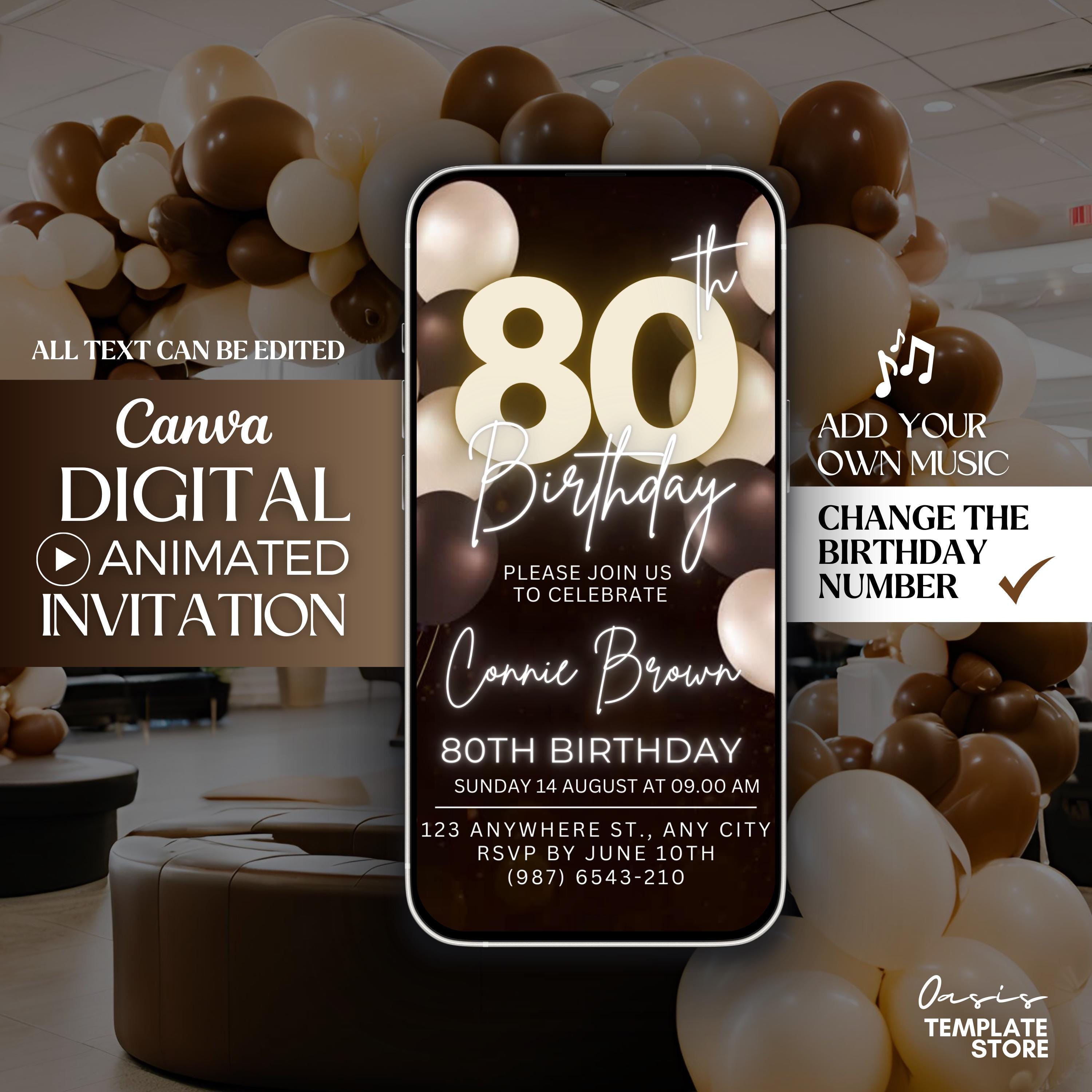 Eighty 80th Birthday Video Invitation, Brown and Cream 80th Digital ...
