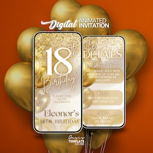Può includere: Un invito digitale per una festa di 18° compleanno con uno schema di colori oro e bianco. L'invito presenta un grande numero 18 con la parola "Compleanno" sotto. L'invito include anche i dettagli della festa, come la data, l'ora, il luogo e le informazioni RSVP. L'invito è decorato con coriandoli dorati e palloncini.
