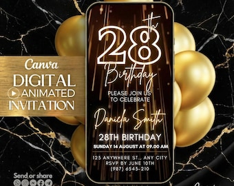 28th Birthday video Invitation, 28th Gold Glitter Digital Invitation, message text evite, canva template invitation, Twenty eight invitation