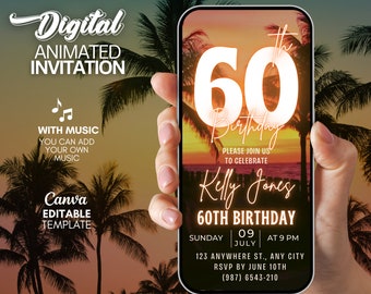 Sixty 60th Tropical Birthday Invitation, Animated Invite, Mobile Party video invitation, Phone luau party invitation, 60th tropical party