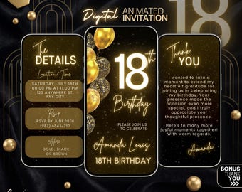 Animated 18th Birthday Invitation, Gold Glitter, Luxury Digital Invite (Canva Template), Gold birthday invite party, editable invitation