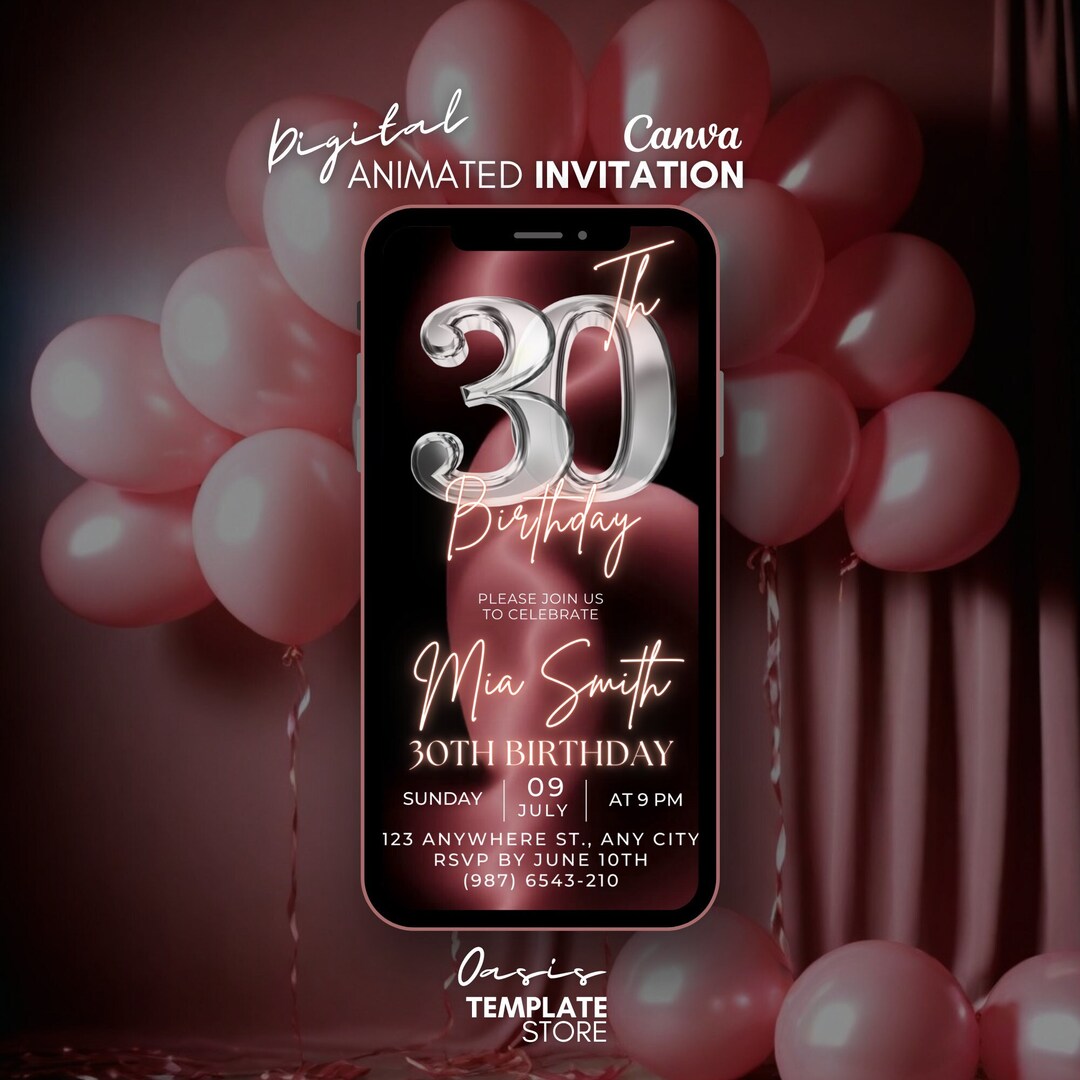 Digital 30th Birthday Invitation, Pink Silver Animated Invitation ...