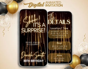 Surprise 30th Birthday Invitation, Animated Thirtieth Party Video, Gold Light Streaks Design, Instant Download Canva Template invite
