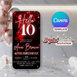 Editable 40th Birthday Video Invitation Red Glitter, Animated Hello Forty Digital Invite, Luxury Ruby Birthday Party Evite for Women, Canva