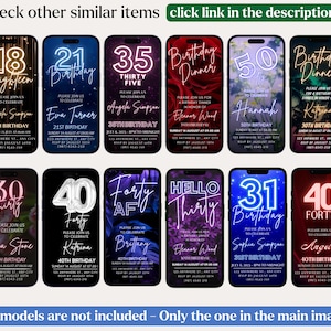 May include: A collection of 10 digital birthday invitation templates for a phone screen. The invitations feature neon numbers and text, with a variety of backgrounds including floral, tropical, and abstract designs. The text on the invitations includes the age, birthday, date, time, and RSVP information.