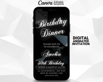 Editable Birthday Dinner Invitation, Black silver editable Birthday template, Animated invitation, text Message invite, Digital invitation