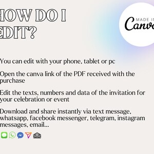 May include: A white and pink gradient background with a black text overlay that reads "HOW DO I EDIT?" and a white circle with a black outline and black text that reads "Canva MADE IN". Below the text are four bullet points with instructions on how to edit a Canva document.