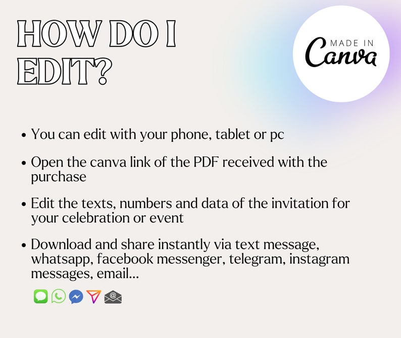 May include: A white and pink gradient background with a black text overlay that reads "HOW DO I EDIT?" and a white circle with a black outline and black text that reads "Canva MADE IN". Below the text are four bullet points with instructions on how to edit a Canva document.