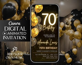 Digital Seventy 70th Birthday video Invitation, 70th animated invite, 70th editable invitation party, Gold Balloons Glitter Invitation